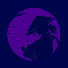 Samurai japan sword knight line potrait logo colorful design with dark background. Isolated navy background