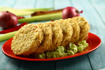 Raw fresh uncooked mutton meat cutlets - food preparing background.