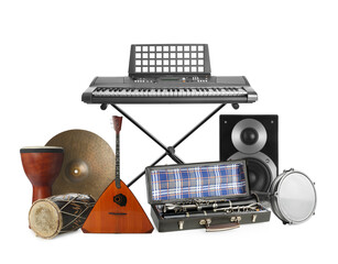 Group of different musical instruments on white background