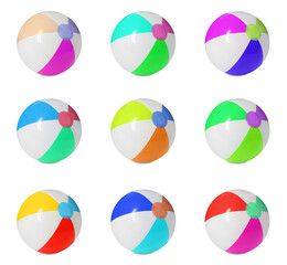 Set with colorful inflatable beach balls on white background