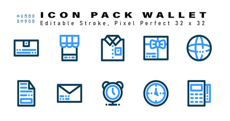 Icon Set of Wallet Two Color Icons. Contains such Icons as Earth, New Page, Email, Alarm etc. Editable Stroke. 32 x 32 Pixel Perfect