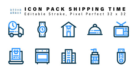 Icon Set of Shipping Time Two Color Icons. Contains such Icons as Television, Online Shopping, Oven, Building etc. Editable Stroke. 32 x 32 Pixel Perfect