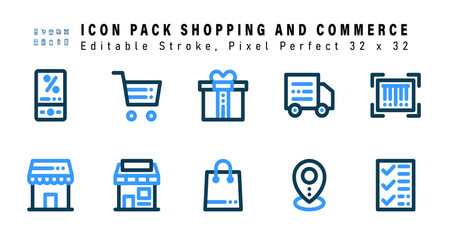 Icon Set of Shopping And Commerce Two Color Icons. Contains such Icons as Barcode, Ecommerce, Store, Bag etc. Editable Stroke. 32 x 32 Pixel Perfect