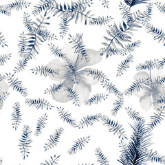 Gray Seamless Foliage. Blue Pattern Design. Indigo Tropical Textile. Navy Spring Leaf. Cobalt Decoration Illustration. Drawing Foliage. Watercolor Texture.