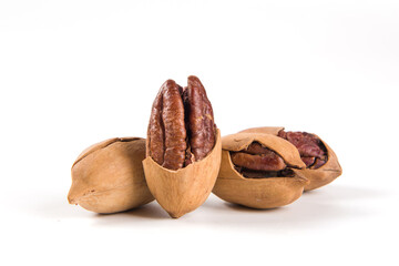  Heap or stack of pecan on white background.