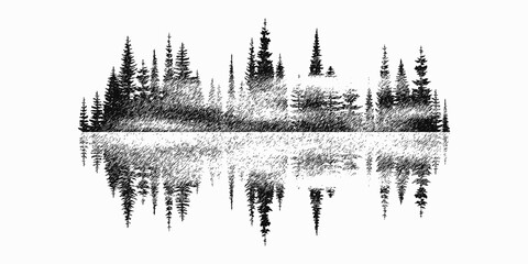 Coniferous forest reflected in water, black and white landscape	