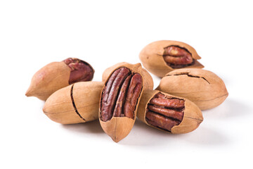  Heap or stack of pecan on white background.