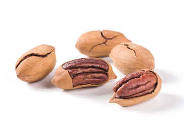  Heap or stack of pecan on white background.