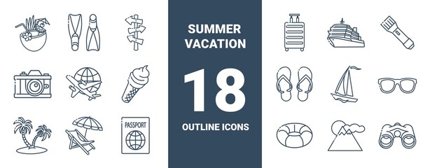 Outline collection icons on the theme of summer holidays. Concept of travel, summer vacation and rest. Vector monochrome illustrations isolated on white background. 