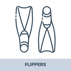 Swimming flippers outline monochrome icon with title. Concept of travel, summer vacation and rest. Vector monochrome illustrations isolated on white background.