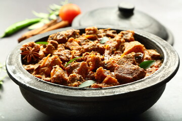 Spicy cooked Indian meat curry roast, rogan, rojan josh.