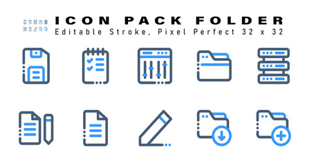 Icon Set of Folder Two Color Icons. Contains such Icons as Data Base, Edit, Paper, Edit etc. Editable Stroke. 32 x 32 Pixel Perfect