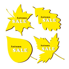 Set with autumn Sale stickers of yellow leaves (maple,birch,oak).Vector illustration.