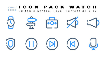 Icon Set of Watch Two Color Icons. Contains such Icons as Sound, Shield, Pause, Next etc. Editable Stroke. 32 x 32 Pixel Perfect