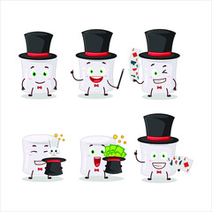 A marshmallow Magician cartoon character perform on a stage. Vector illustration