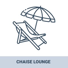 Wooden beach chaise lounge with umbrella outline monochrome icon with title. Concept of travel, summer vacation and rest. Vector monochrome illustrations isolated on white background.