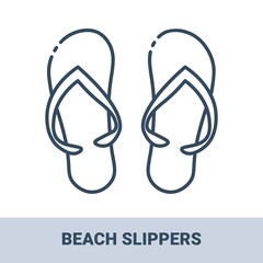 Pair of beach flip-flops outline monochrome icon with title. Concept of travel, summer vacation and rest. Vector monochrome illustrations isolated on white background.