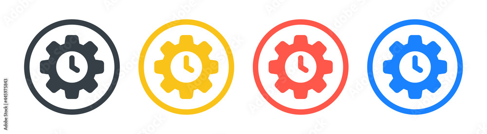 Poster clock with setting gear icon set. time management vector illustration