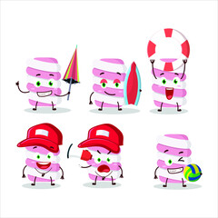 Happy Face marshmallow twist cartoon character playing on a beach. Vector illustration