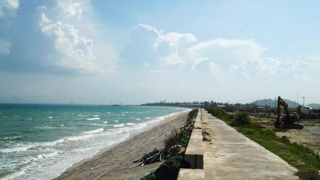 Coastline outside Phan Rang with signs of overbuilding. Vietnam. Static view