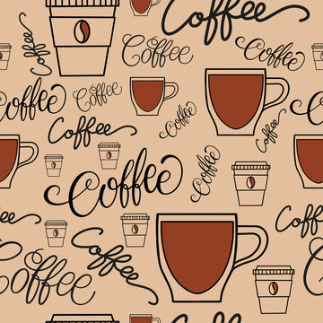 Seamless pattern, inscriptions: coffee. Doodle style, freehand drawing. For wallpapers, postcards, greetings, backgrounds, menus, design of cafes and shops. Vector © Natalya