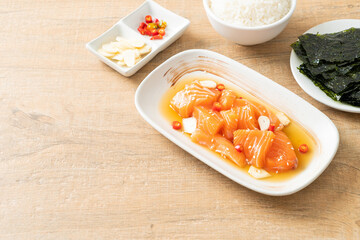 fresh salmon raw marinated shoyu or salmon pickled soy sauce