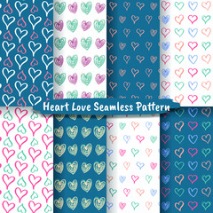 Set of heart love hand drawn doodle seamless pattern