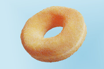 Fototapeta na wymiar Closeup Doughnut with sugar coated isolated floating on blue background. Minimal Food Idea concept 3D Rendering.