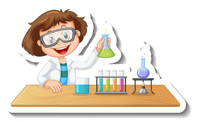 Sticker template with cartoon character of a student doing chemical experiment