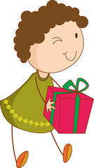 A doodle kid holding a gift box cartoon character isolated