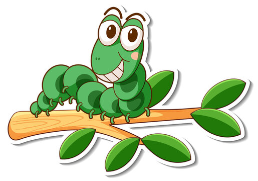 Cartoon character of green worm on a branch sticker