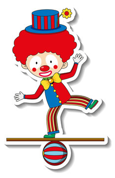 Sticker template with happy clown cartoon character isolated