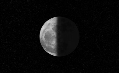 Moon phases night, space astronomy first quarter moon in the dark