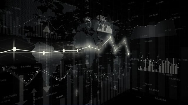 4K financial stock chart;Business tech digital Data trend hud Graph;Financial business diagram with charts and stock numbers showing profits and losses over time dynamically.world map.