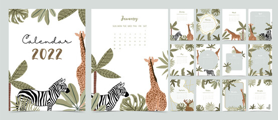 2022 table calendar week start on Sunday with safari that use for vertical digital and printable A4 A5 size © piixypeach