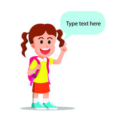 little girl with a school bag is explaining something