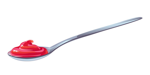 Tomato ketchup in spoon. Red spicy sauce in swirl form. Vector illustration in flat cartoon design.