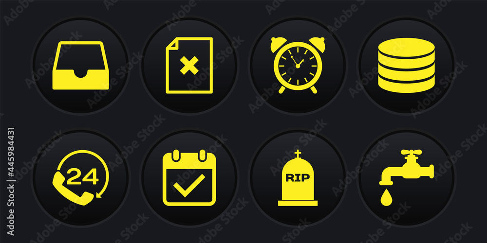 Poster set telephone 24 hours support, database, calendar with check mark, tombstone rip written, alarm clo