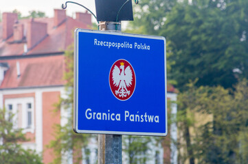Republic of Poland border sign with Polish inscription Republic of Poland, state border.