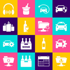 Set FTP folder upload, Car service, Police car and flasher, Electric, Wine bottle with glass and Burning candles icon. Vector