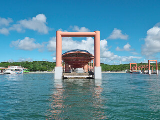 Okinawa,Japan - July 13, 2021: Floating pier at Ohara port in Iriomote island, Okinawa, Japan
