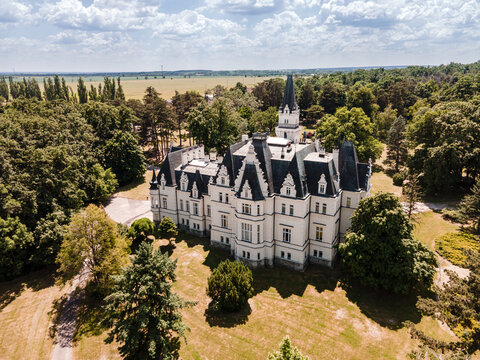 Budmerice Castle from 19th century in nature landscape. Tree in forest park in budmerice, slovakia