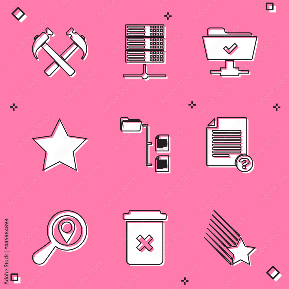 Poster set two crossed hammers, server, data, web hosting, ftp operation successful, star, folder tree and 