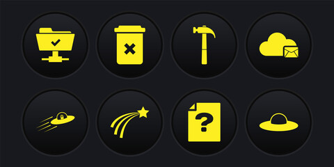 Set UFO flying spaceship and alien, Cloud mail server, Falling star, Unknown document, Hammer and Trash can icon. Vector