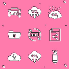 Set Car sharing, CO2 emissions cloud, , Delete folder, Refund money and Share file icon. Vector