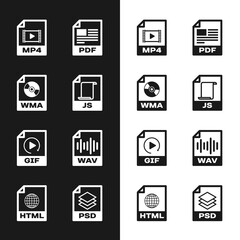 Set JS file document, WMA, MP4, PDF, GIF and WAV icon. Vector