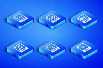 Set OBJ file document, MP4, M3U, WAV, and PDF icon. Vector