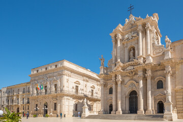 Piazza Duomo and of the Cathedral of Syracuse in Sicily - obrazy, fototapety, plakaty
