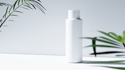 Cosmetic bottle mockup with leaves on white background