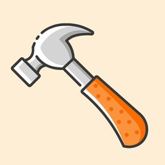 Carpenter steel hammer with orange rubber handle colorful icon. Vector outline flat icon on yellow background. Hand construction tool for renovation work.